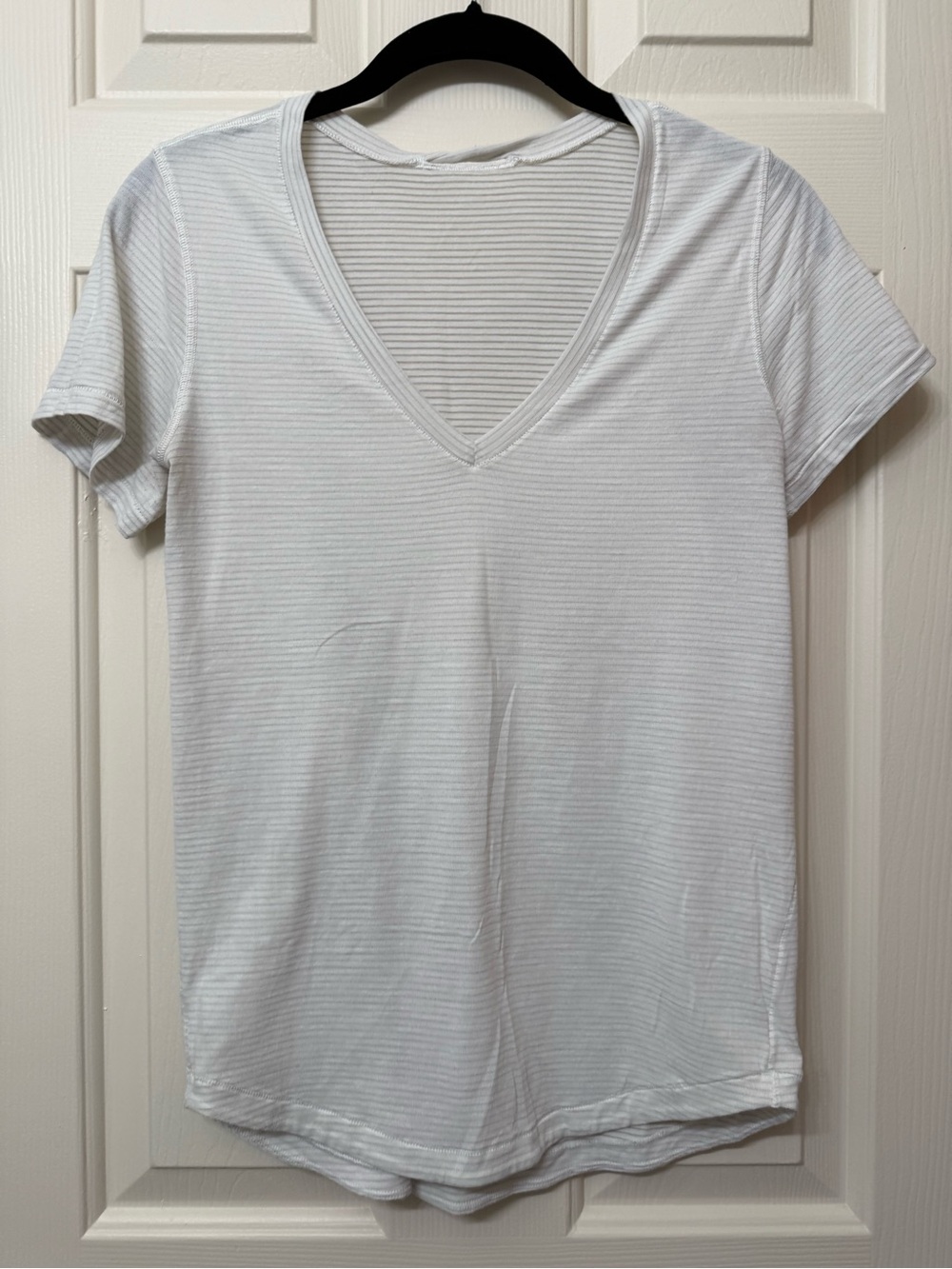 lululemon athletica White Striped V-Neck Short Sleeve Tee
